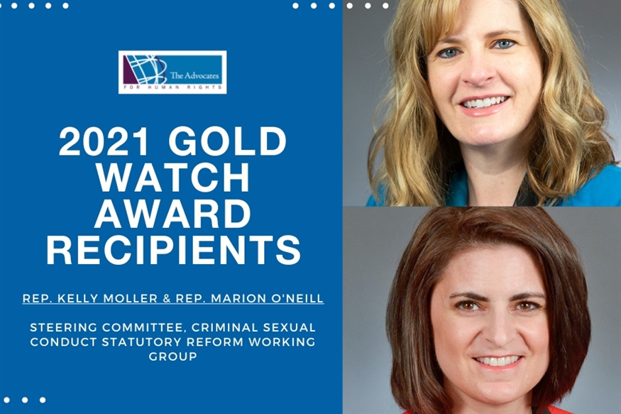 [ai] Two women featured in a promotional image for the 2021 Gold Watch Award recipients. Text reads: 'Rep. Kelly Moller & Rep. Marion O'Neill, Steering Committee, Criminal Sexual Conduct Statutory Reform Working Group'.